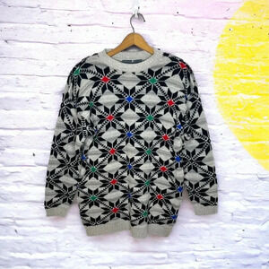 Vintage 90s LizWear Geometric Knit Sweater Black Gray Colorblock Fair isle knit